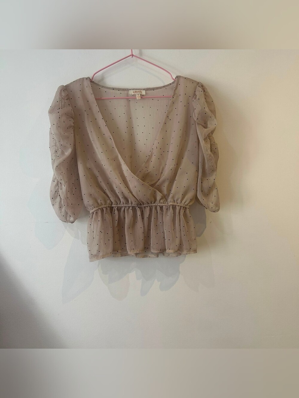 Coquette Fairycore Polka Dot Sheer Ruffle Blouse Chiffon Wrap Peplum Top S